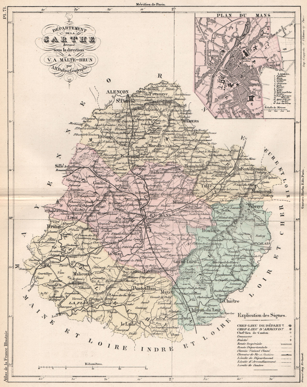 SARTHE. Carte du département. Plan Du Mans. MALTE-BRUN 1852 old antique map