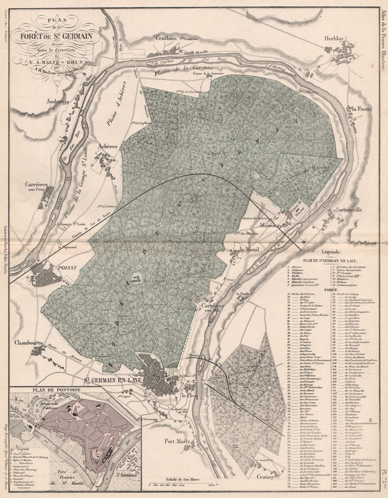 FORÊT DE ST. GERMAIN EN LAYE. Antique map. Pontoise plan. MALTE-BRUN 1852