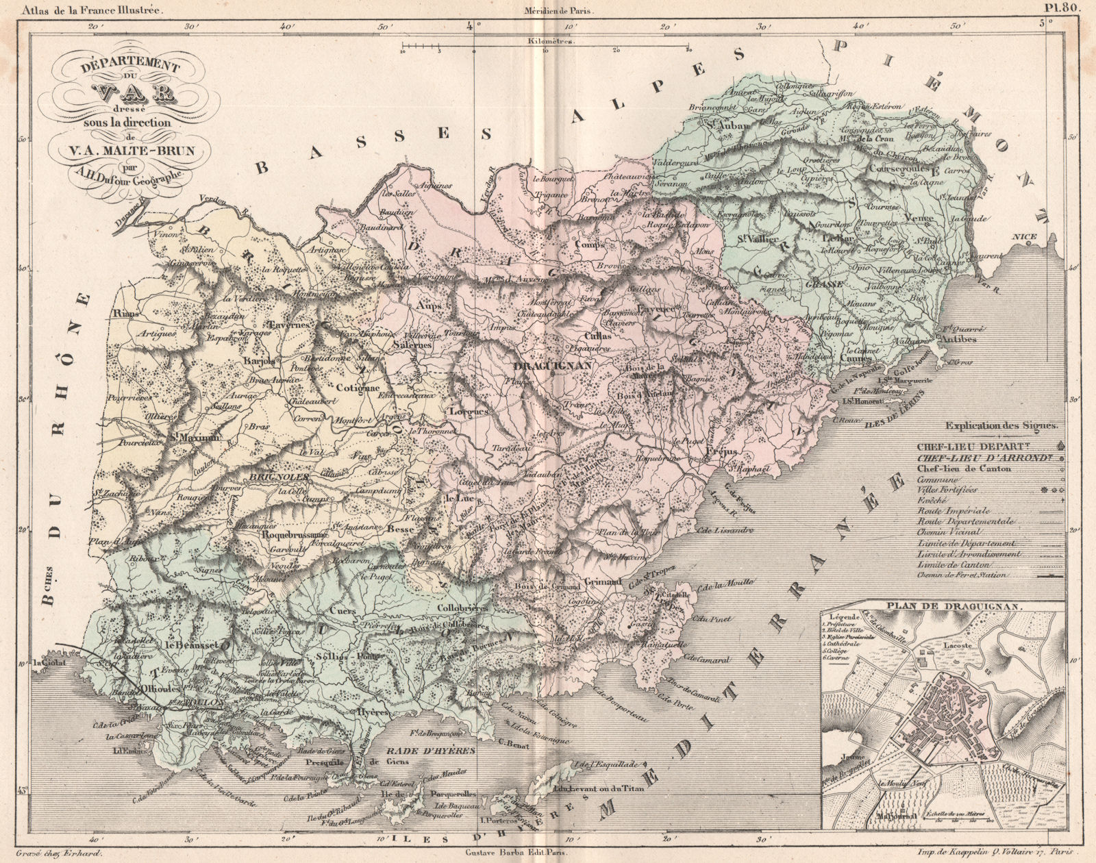 Associate Product VAR. Carte du département du Var. Plan de Draguignan. MALTE-BRUN 1852 old map