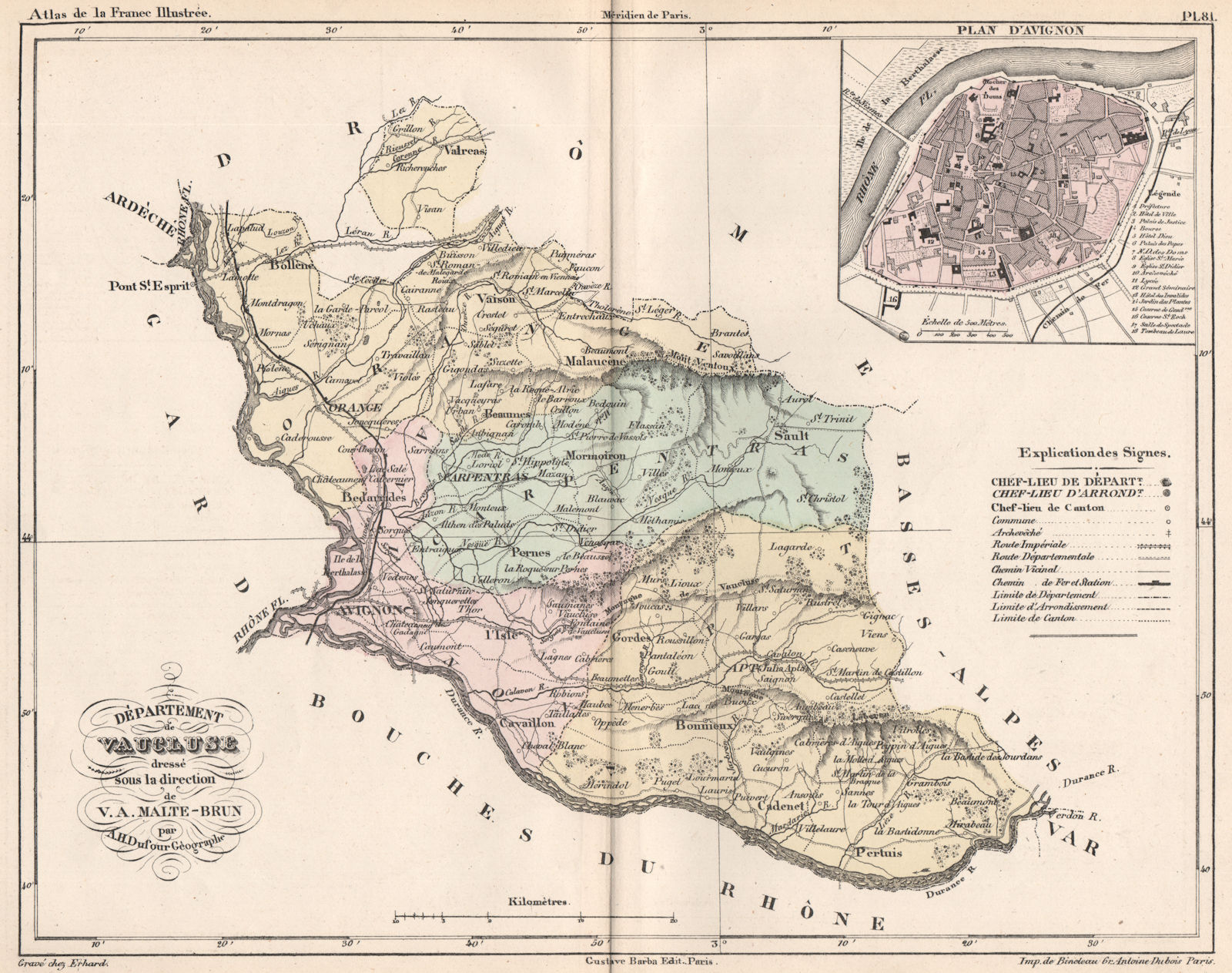 VAUCLUSE. Carte du département. Plan d'Avignon. MALTE-BRUN 1852 old map