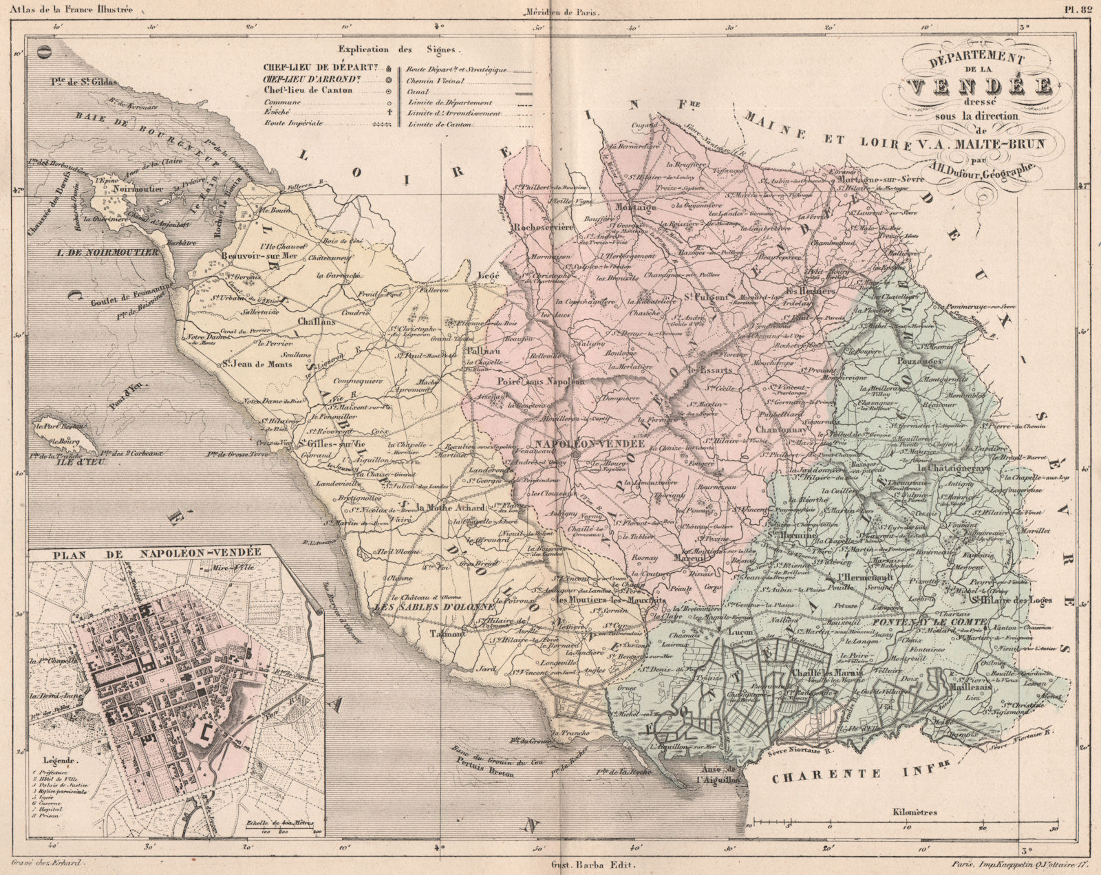 Associate Product VENDÉE. Carte du département. Plan de Napoléon-Vendee. MALTE-BRUN 1852 old map