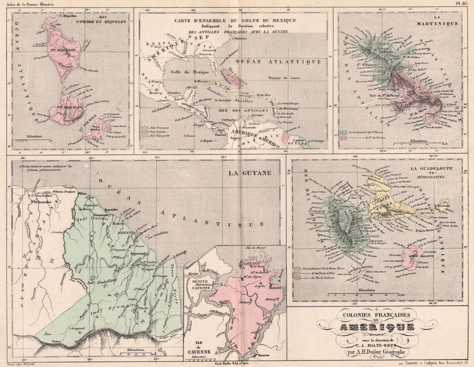 Associate Product COLONIES FRANCAISES. St Pierre Miquelon Guyane Martinique Guadeloupe 1852 map