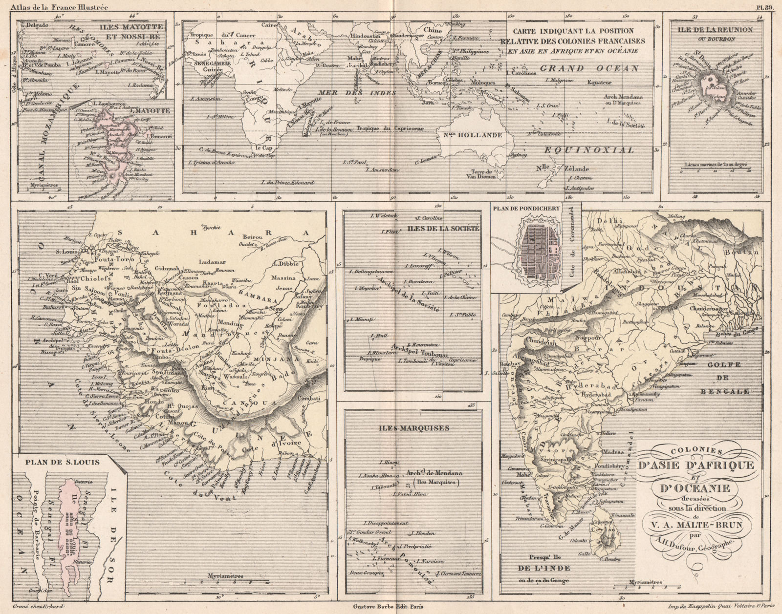Associate Product COLONIES FRANCAISES. Reunion Mayotte Senegal Pondichery Polynésie 1852 old map