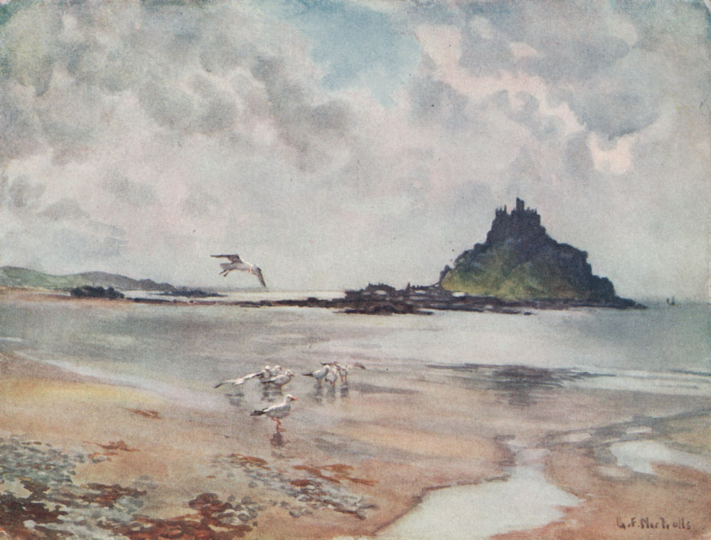 ST MICHAEL'S MOUNT. View across the beach. Seagulls. Cornwall. GF Nicholls 1915