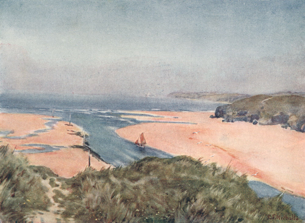ST IVES BAY. View from Lelant to Godrevy. Hayle estuary. Cornwall 1915 print
