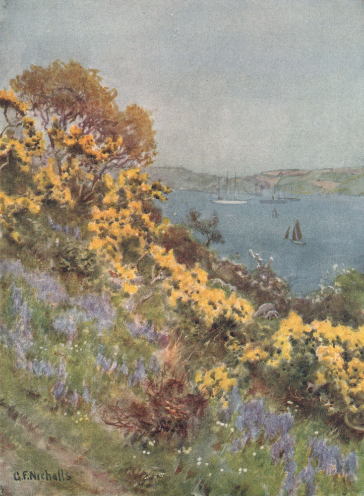 Associate Product FALMOUTH. The banks of the Fal. Sailing ships. Cornwall. By GF Nicholls 1915