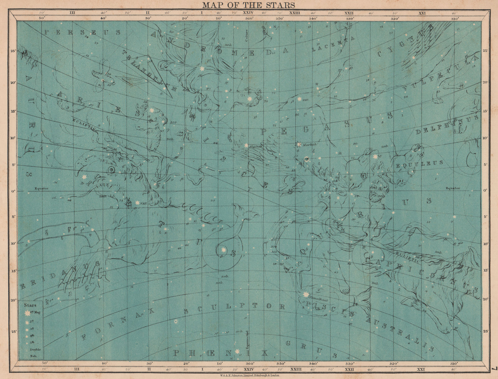 ASTRONOMY. Star map. Andromeda Pegasus Aries Pisces Aquarius. JOHNSTON 1906