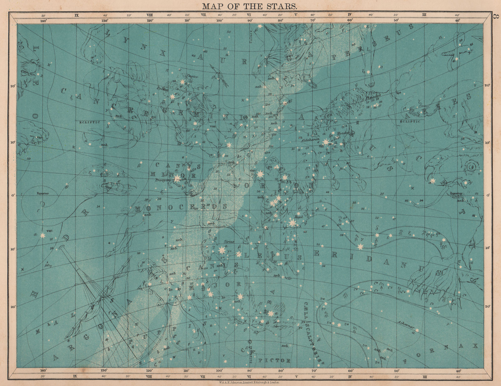 ASTRONOMY. Star map Cancer Eridanua Orion Auriga Lynx Canis Major. JOHNSTON 1906