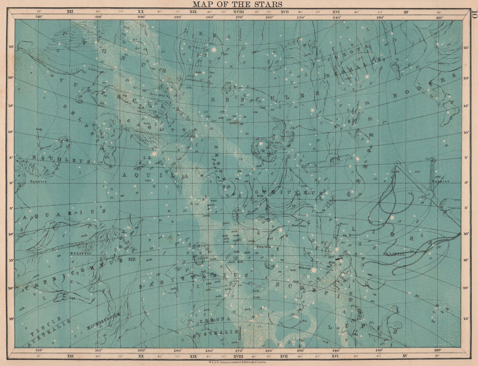 ASTRONOMY. Star map. Sagittarius Hercules Aquila Scorpio Hercules. JOHNSTON 1906