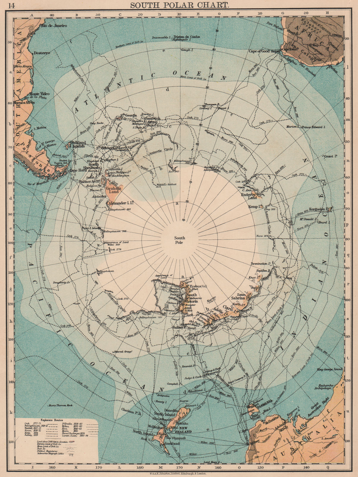 SOUTH POLAR CHART.Antarctic.Explorer's routes.Larsen Nares Ross Wilkes 1906 map