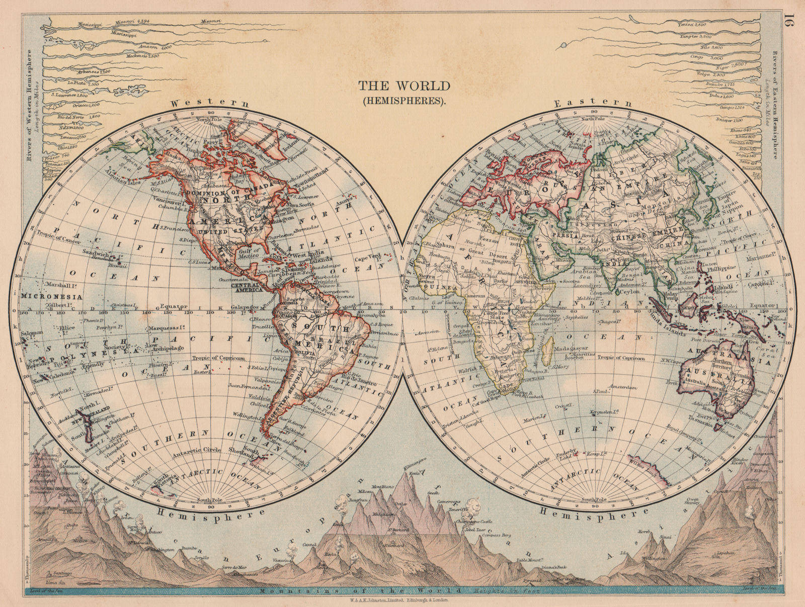 WORLD TWIN HEMISPHERES. Rivers mountains. Shows Missouri > Amazon 1906 old map