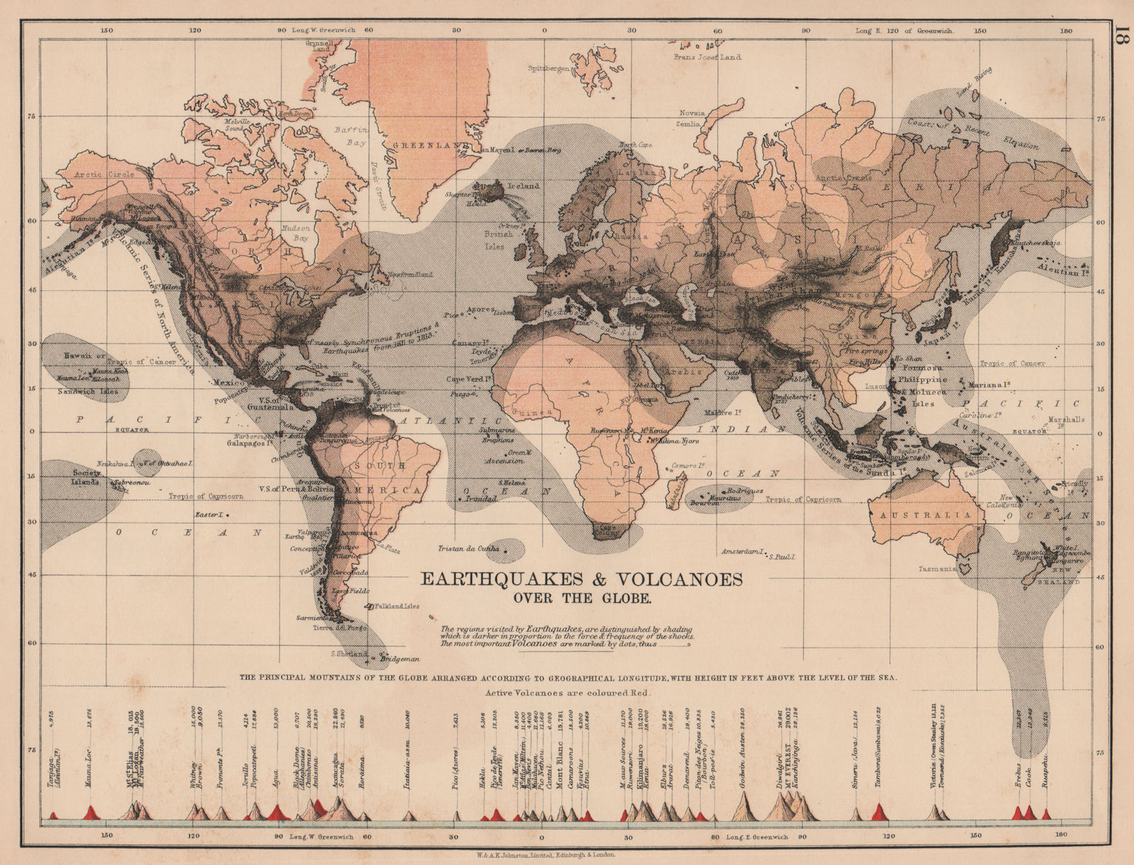 WORLD SEISMIC. Earthquake zones & active/inactive Volcanoes. JOHNSTON 1906 map