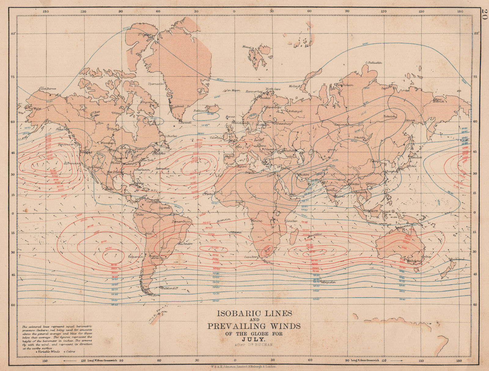 WORLD. Isobaric lines & Prevailing Winds of the Globe. July. JOHNSTON 1906 map