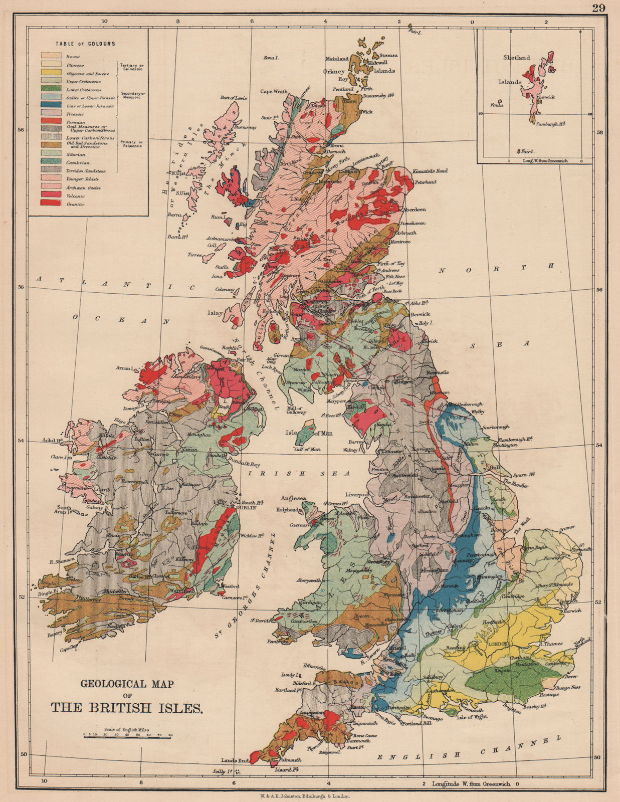 BRITISH ISLES GEOLOGICAL. Pliocene Cretaceous Jurassic Triassic &c 1906 map