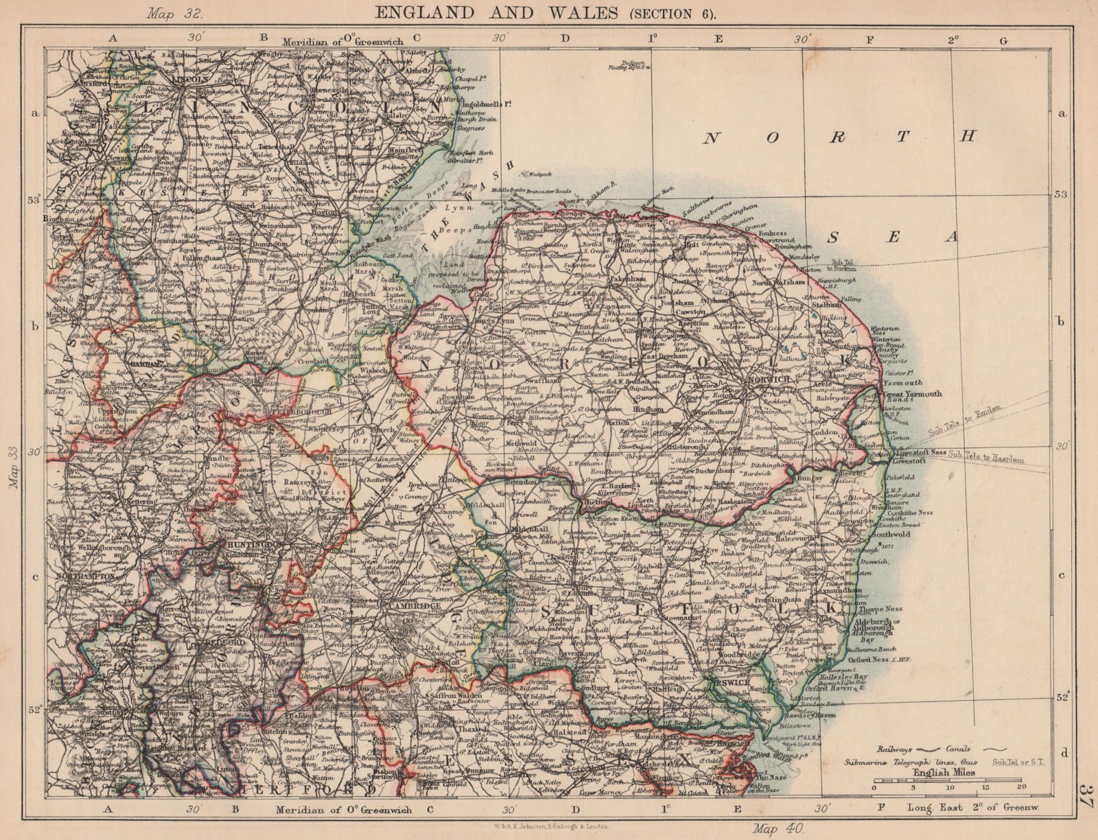 EAST ENGLAND. East Anglia/Midlands Norfolk Suffolk Cambridgeshire 1906 old map