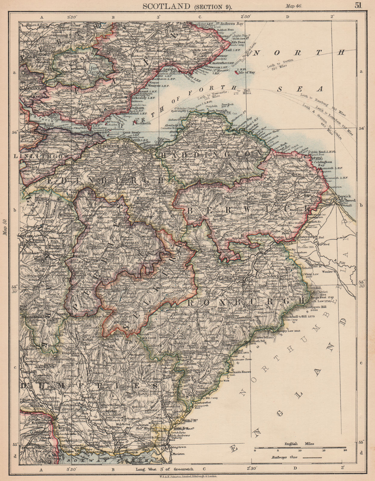 SCOTTISH BORDERS.Roxburgh Berwick Edinburgh Selkirk Haddington.JOHNSTON 1906 map