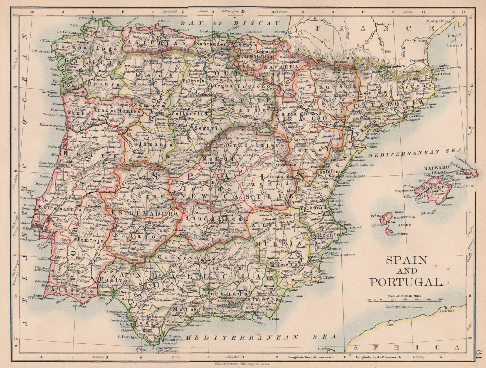 Associate Product SPAIN AND PORTUGAL. Iberia. Provinces railways. Balearics. JOHNSTON 1906 map