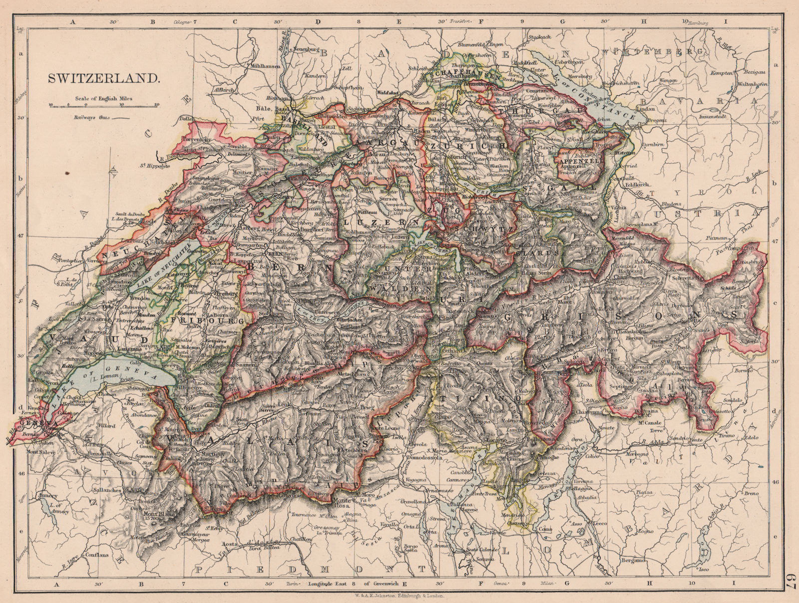 SWITZERLAND. Shows cantons & railways. Alps. Italian lakes.  1906 old map