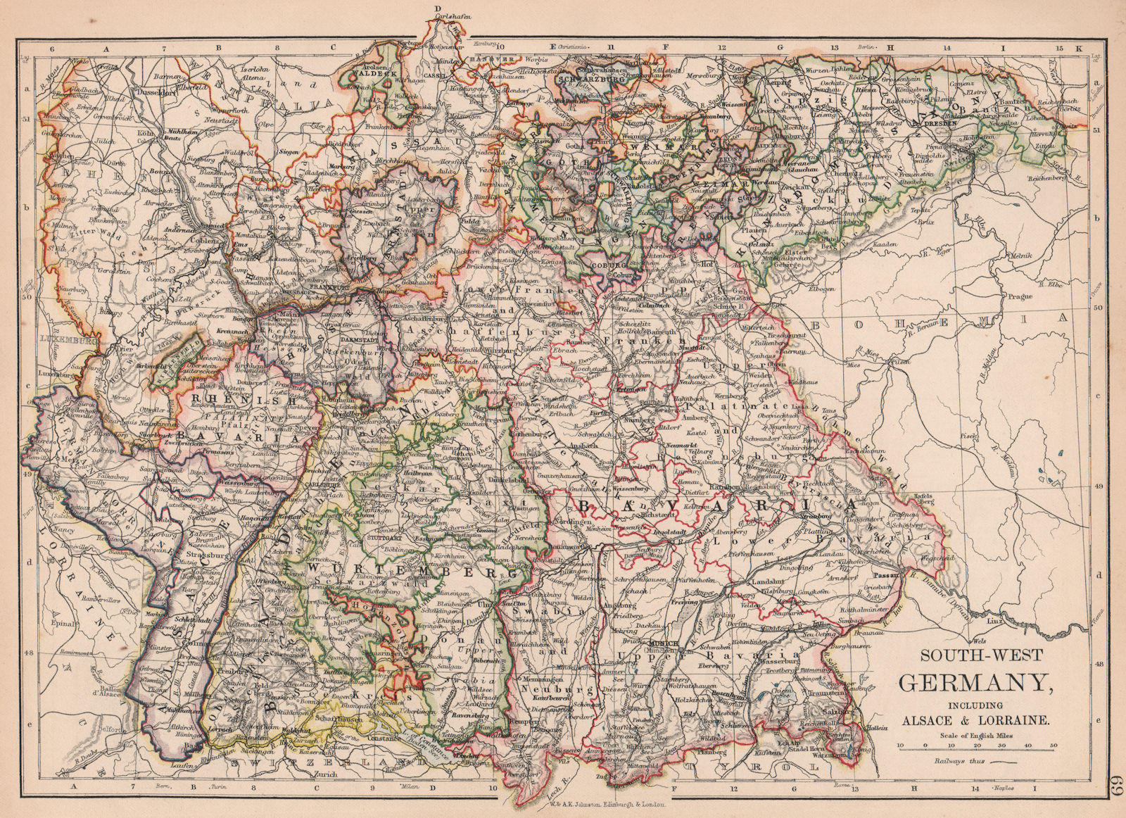 GERMANY SOUTH.Bavaria Bayen Baden Wurttemberg.Includes Alsace Lorraine 1906 map