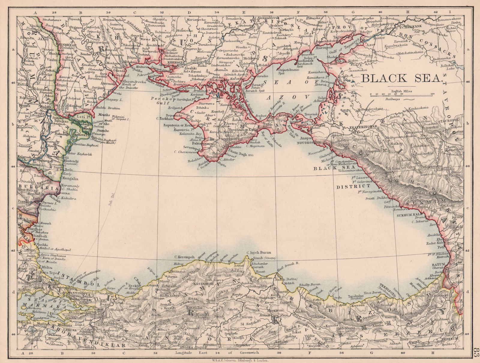 BLACK SEA. Russia Turkey Crimea Romania Bulgaria Kutais. JOHNSTON 1906 old map