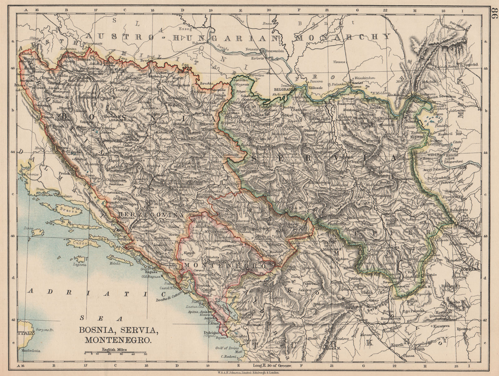 BOSNIA SERVIA MONTENEGRO. Balkans Serbia Croatia Herzegovina. JOHNSTON 1906 map