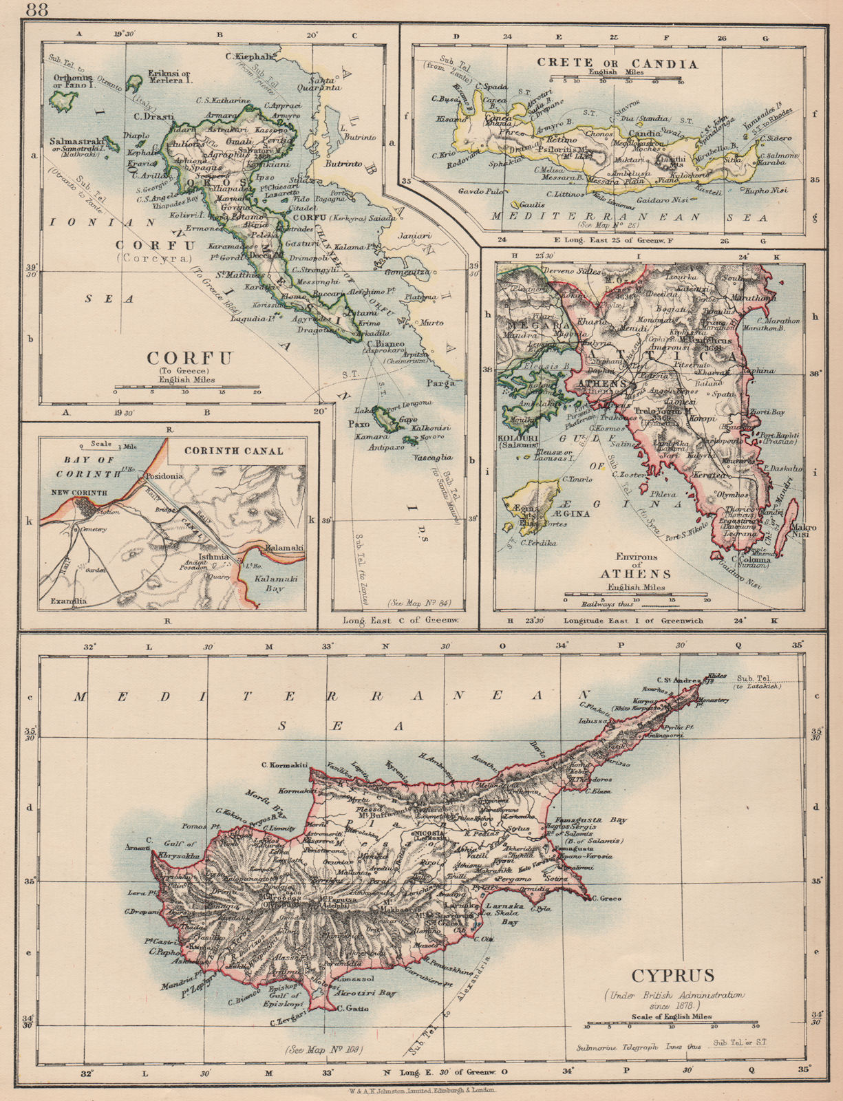 GREECE & CYPRUS.Corfu Crete Candia(Crete)Athens Corinth Canal.JOHNSTON 1906 map