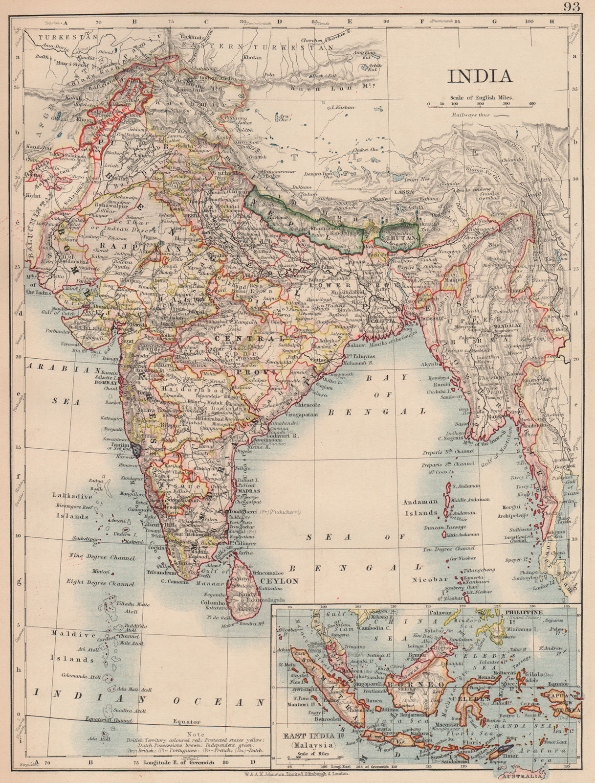 BRITISH INDIA.Burma Nepal Bhutan Ceylon(Sri Lanka).E Indies.JOHNSTON 1906 map