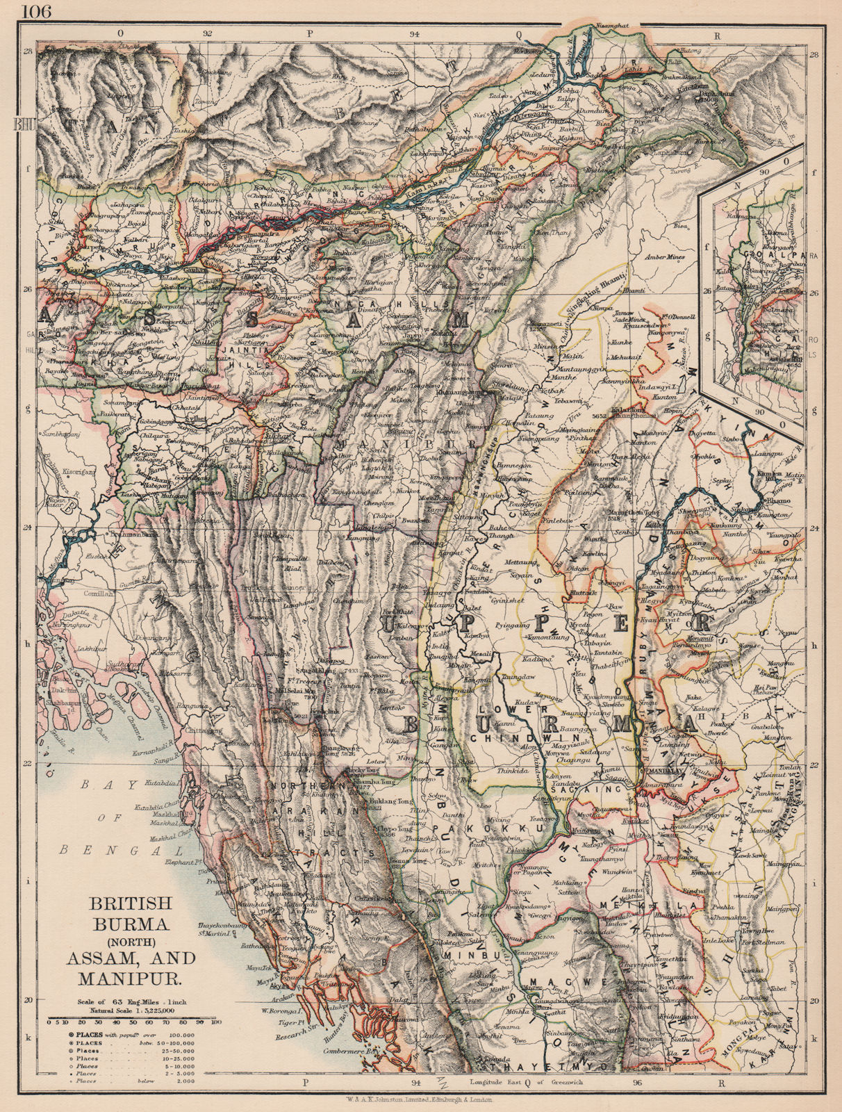 BRITISH INDIA. North Burma Assam Manipur. Railways. JOHNSTON 1906 old map