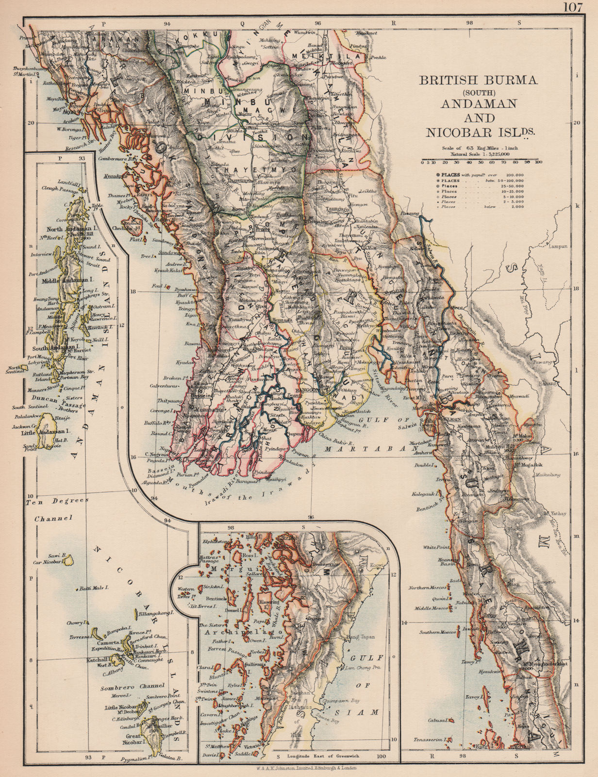 BRITISH INDIA E.South Burma,Andaman & Nicobar Islands.Railways.JOHNSTON 1906 map