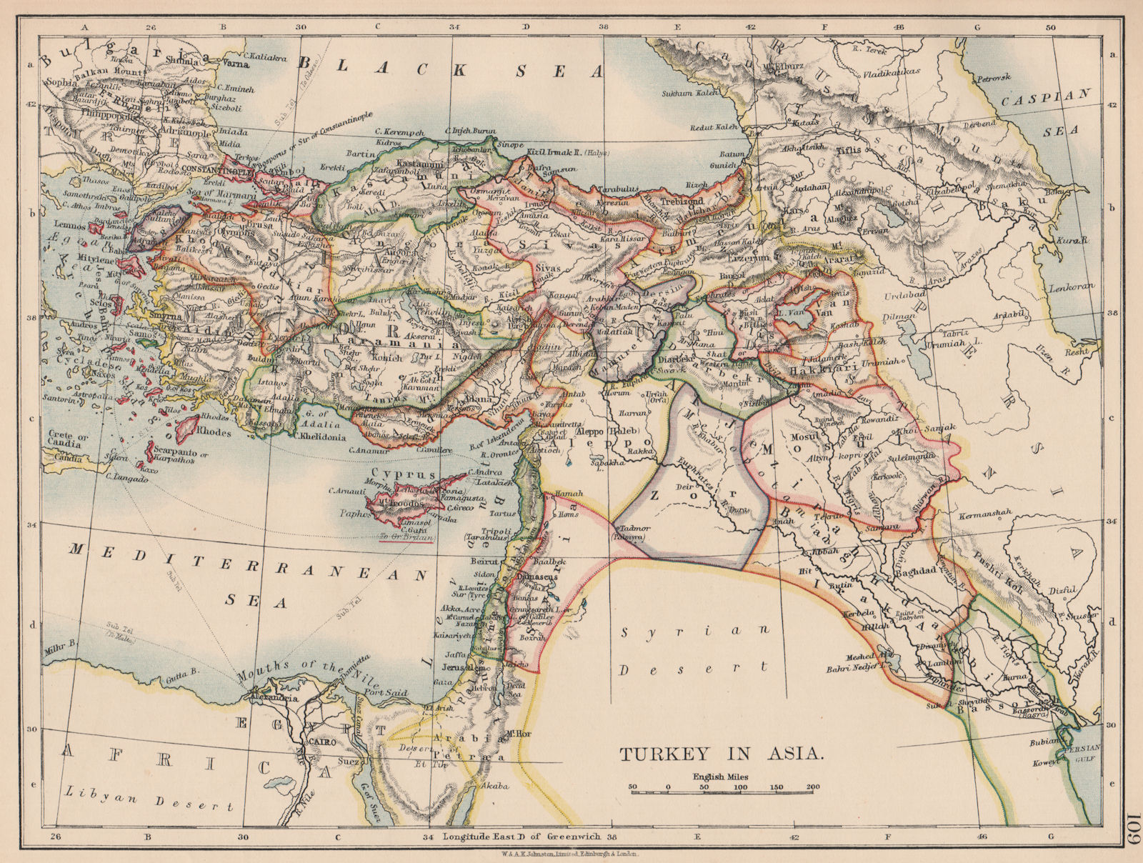 Associate Product OTTOMAN TURKEY IN ASIA. Cyprus Levant Mesopotamia Palestine. JOHNSTON 1906 map