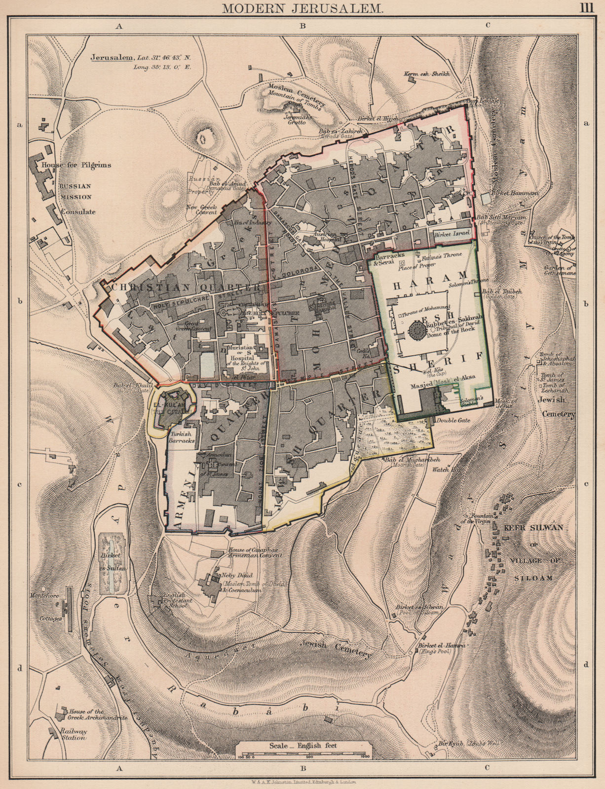 JERUSALEM.City plan showing Christian Armenian Jewish & Muslim quarters 1906 map