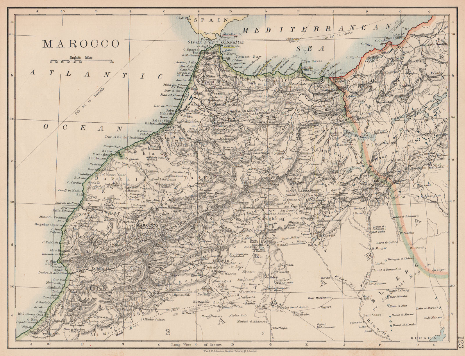 MOROCCO. Showing Atlas Mountains rivers towns. Marrakech. JOHNSTON 1906 map