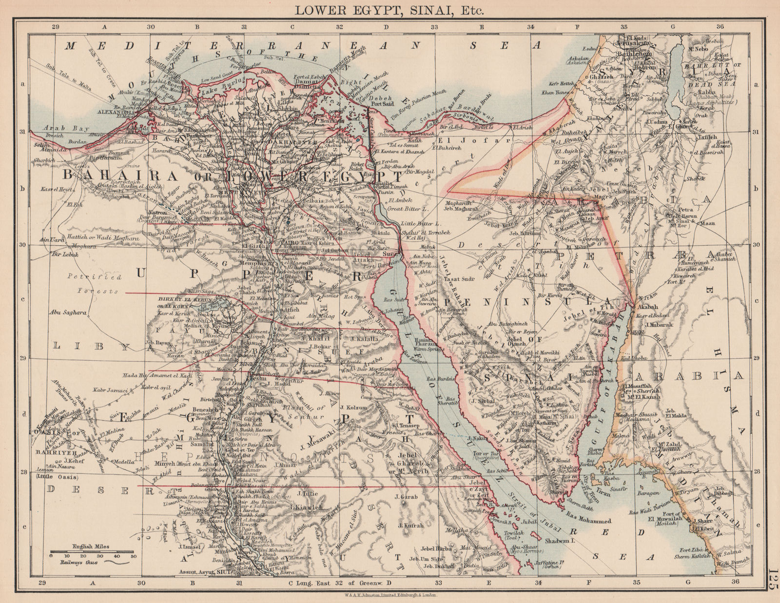 Associate Product LOWER EGYPT & SINAI. Provinces. Nile valley/delta. Railways. JOHNSTON 1906 map