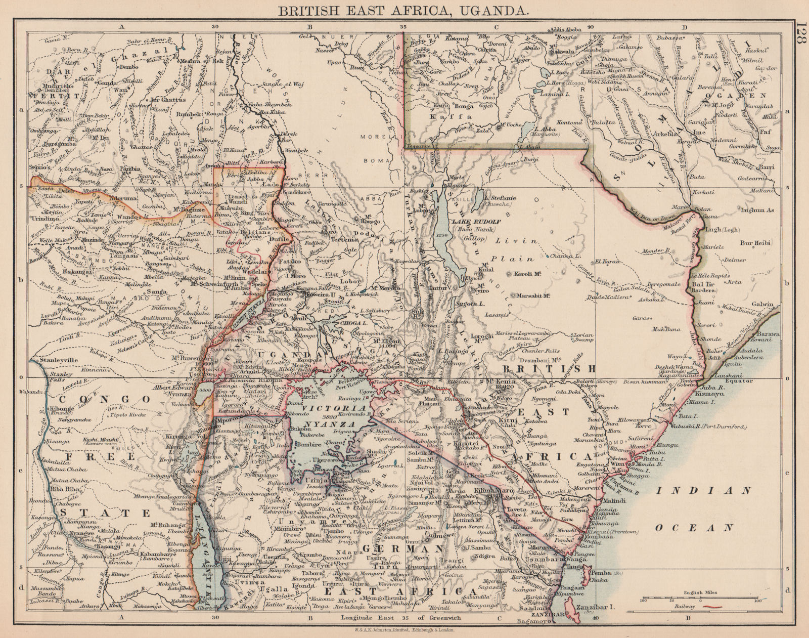 BRITISH EAST AFRICA & UGANDA.Kenya.Northern Tanzania/German EA.Rwanda 1906 map