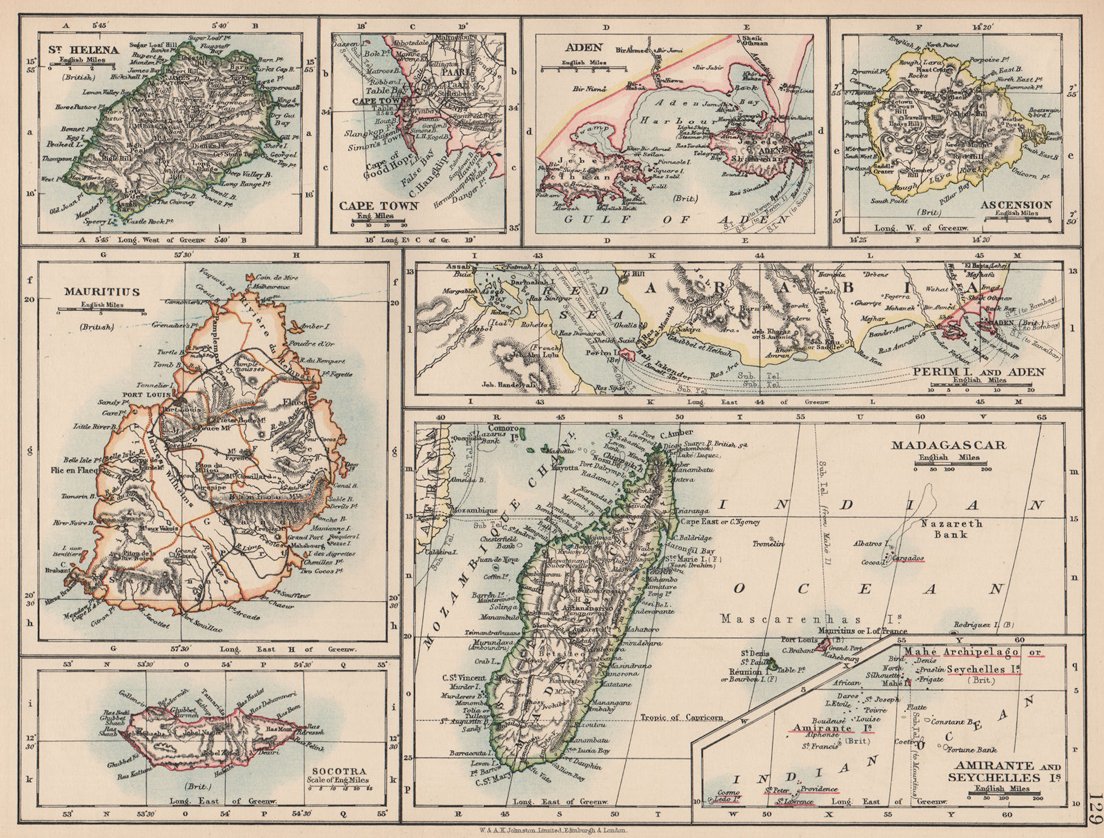 AFRICAN ISLANDS & CITIES. Madagascar Mauritius Ascension St Helena 1906 map