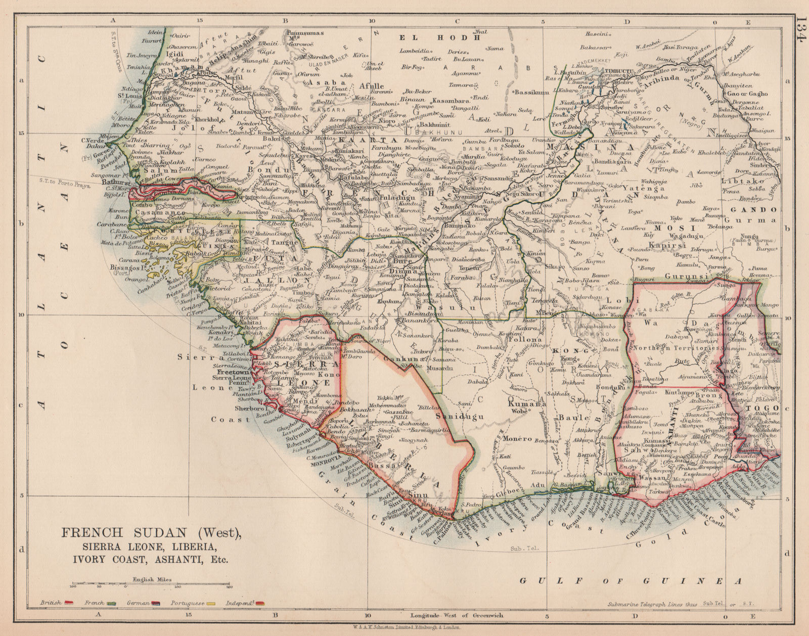 FRENCH SUDAN W. Colonial West Africa. Sierra Leone Ivory Coast Ashanti 1906 map