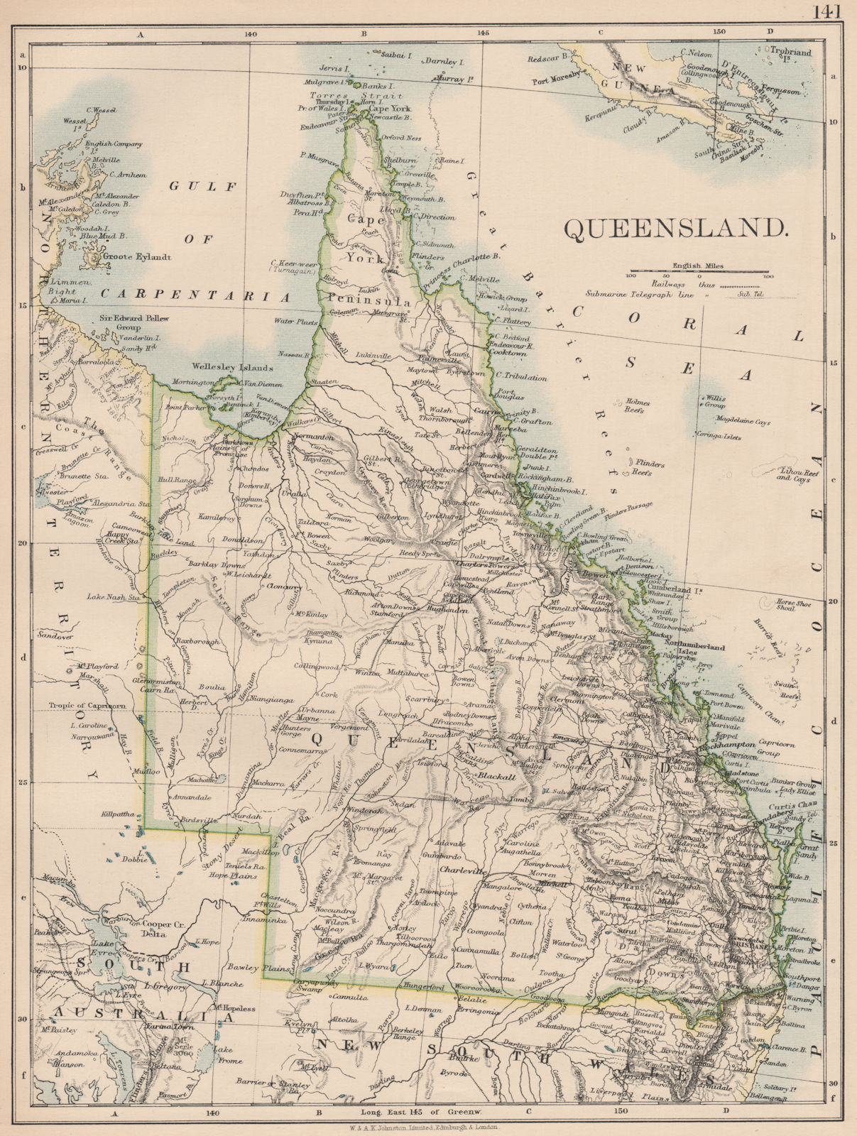 QUEENSLAND.State map Brisbane Gold Coast(Ghana)Railways.Australia.JOHNSTON 1906
