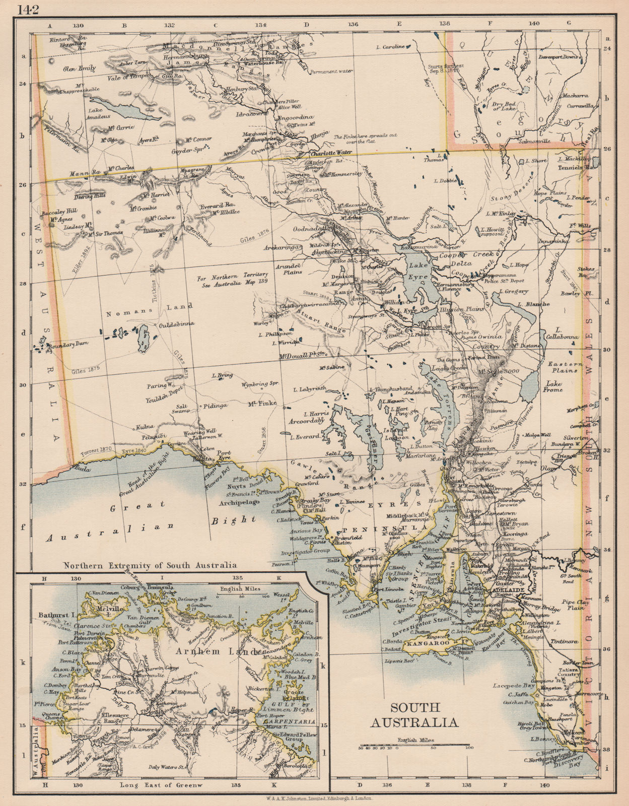 SOUTH AUSTRALIA. Explorer route Sturt Giles Elder Forrest Eyre Tictkins 1906 map
