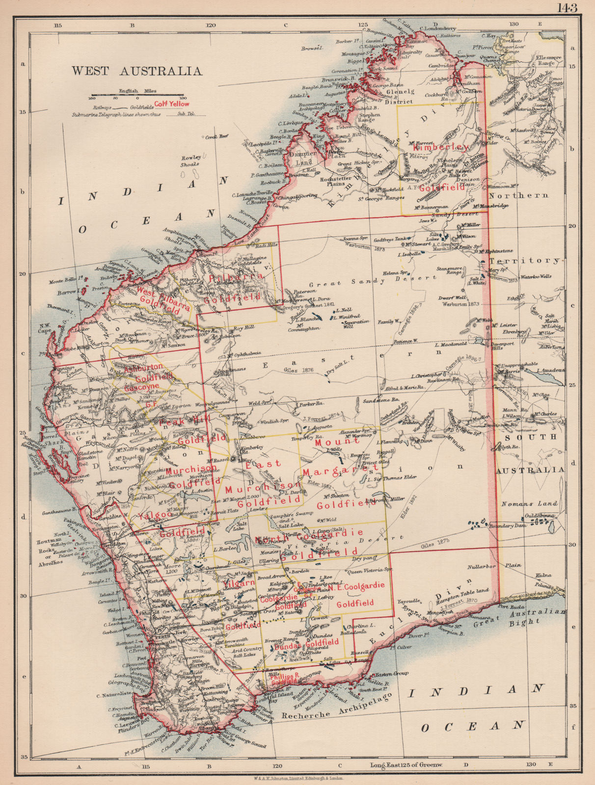 WEST AUSTRALIA. Goldfields Explorers route Giles Forrest Warburton Roe 1906 map