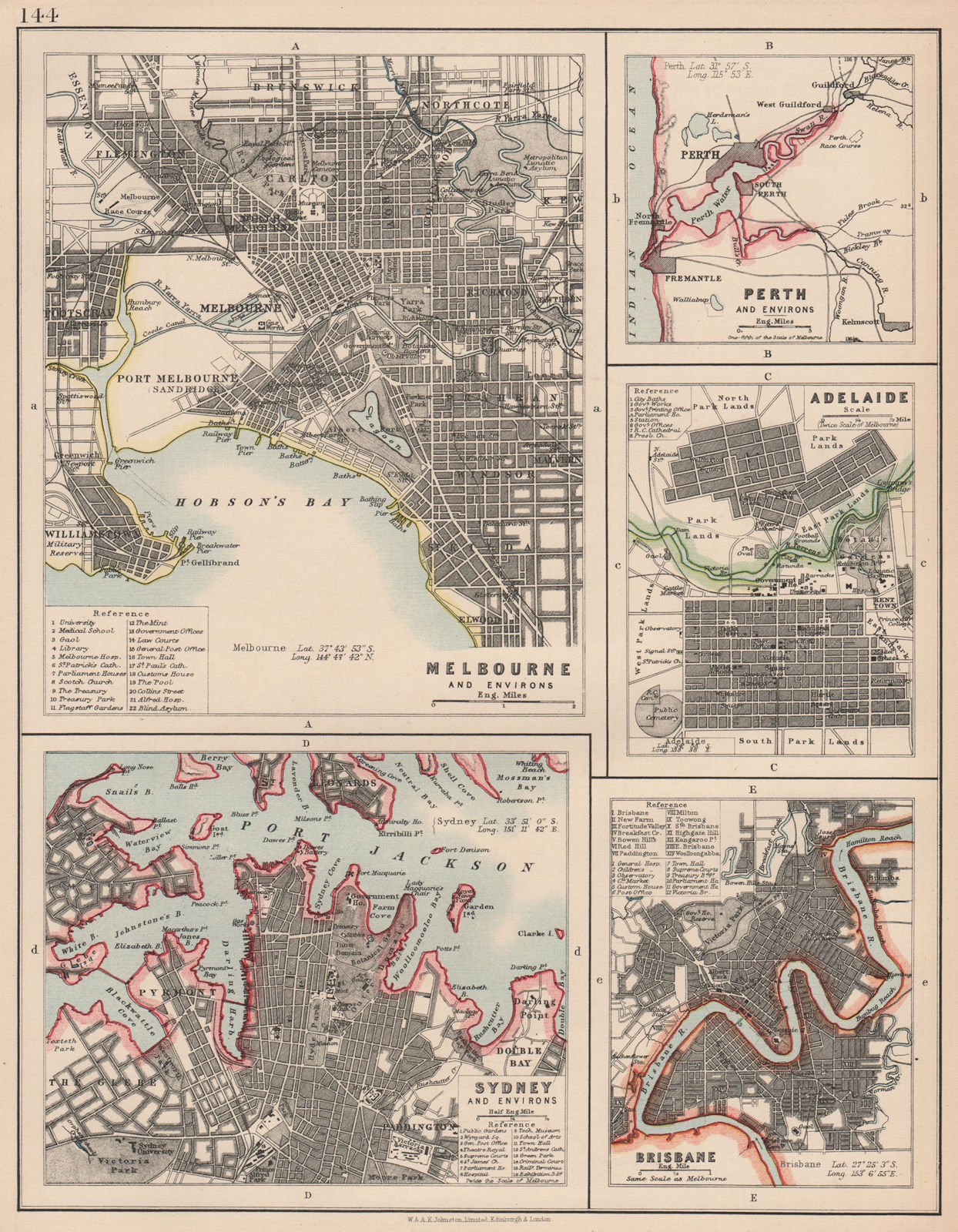 AUSTRALIAN CITIES. Melbourne Sydney Perth Adelaide Brisbane. JOHNSTON 1906 map