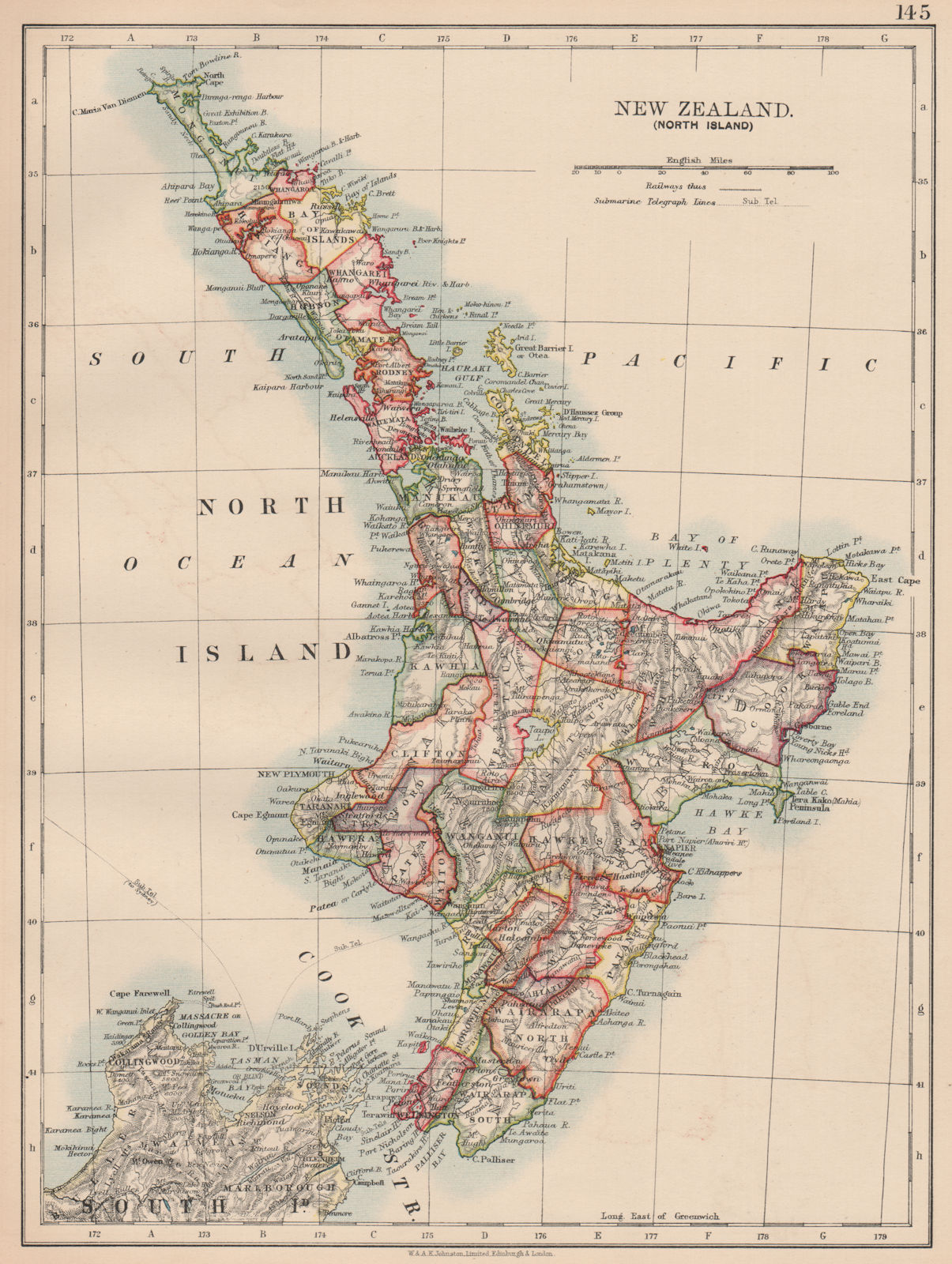 NORTH ISLAND NEW ZEALAND. Showing counties Telegraph cables. JOHNSTON 1906 map