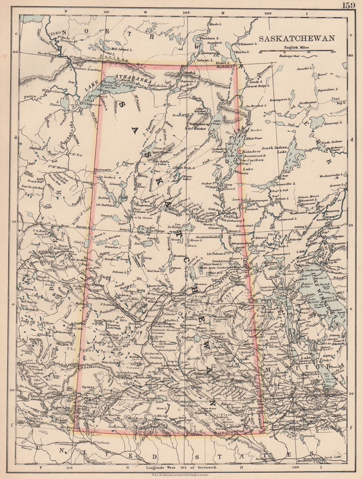 Associate Product SASKATCHEWAN. Province map Railroads Canada British North America. JOHNSTON 1906