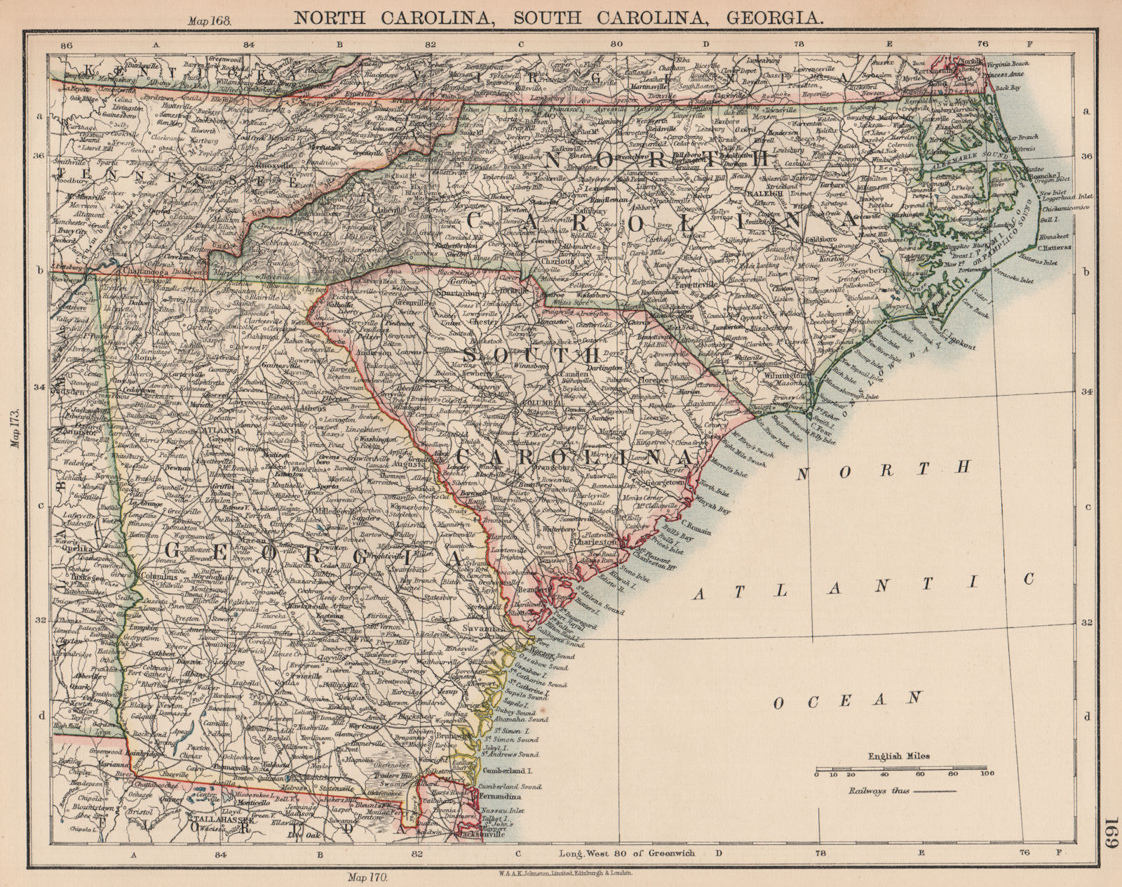 Associate Product USA SOUTH ATLANTIC STATES. North & South Carolina Georgia. JOHNSTON 1906 map