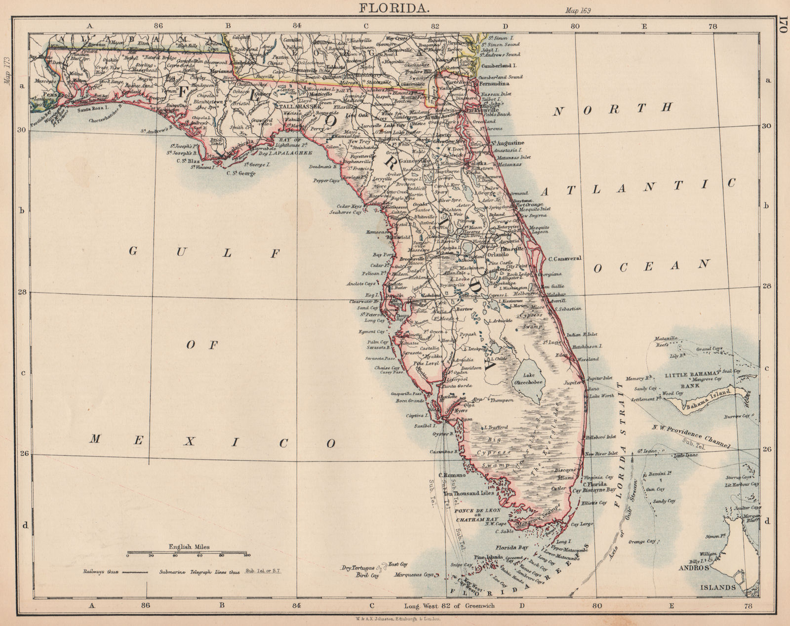 FLORIDA. State map. Shows Miami. Railroads. JOHNSTON 1906 old antique