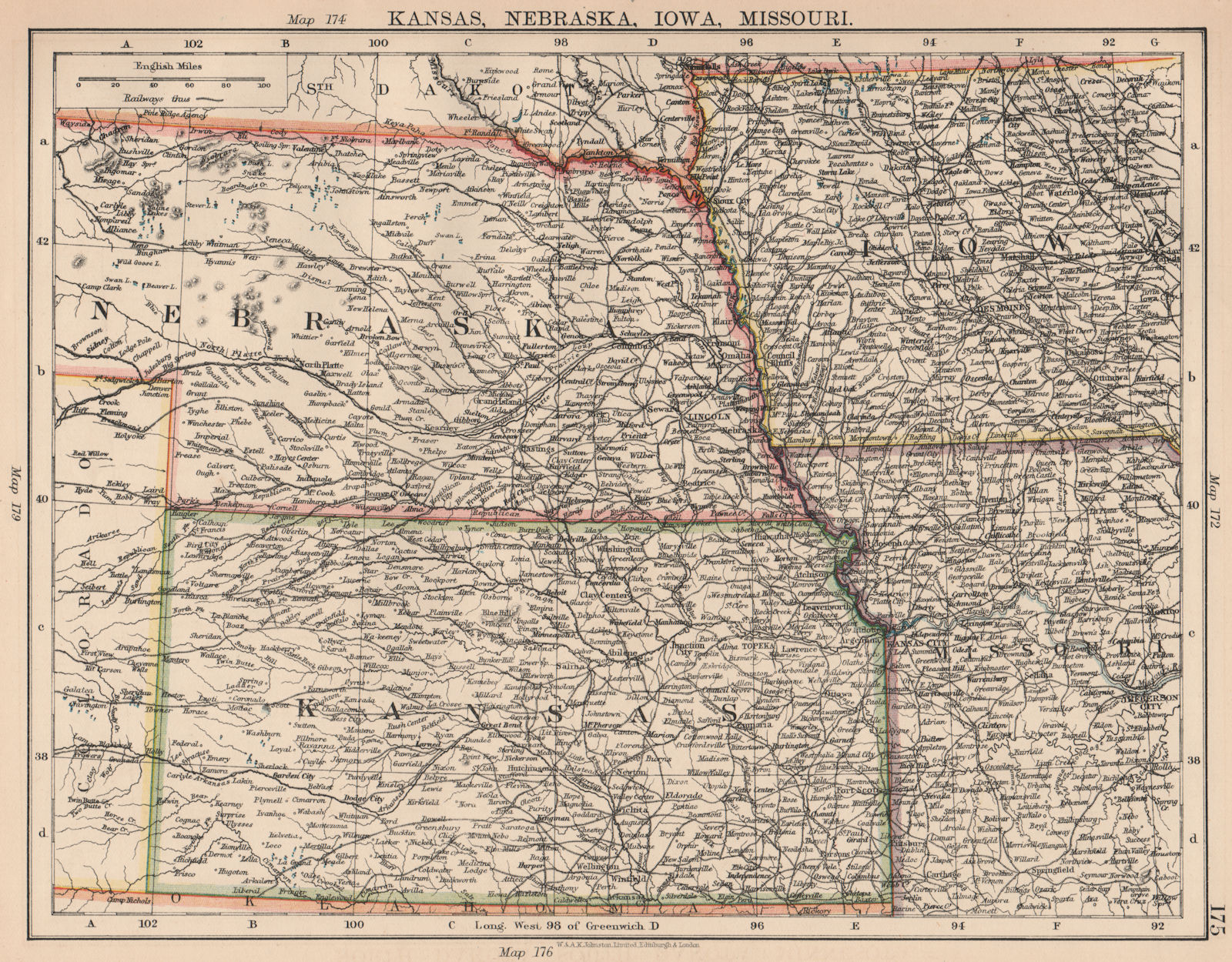 Associate Product MIDWESTERN USA. Kansas Nebraska Iowa Missouri. Railroads. JOHNSTON 1906 map