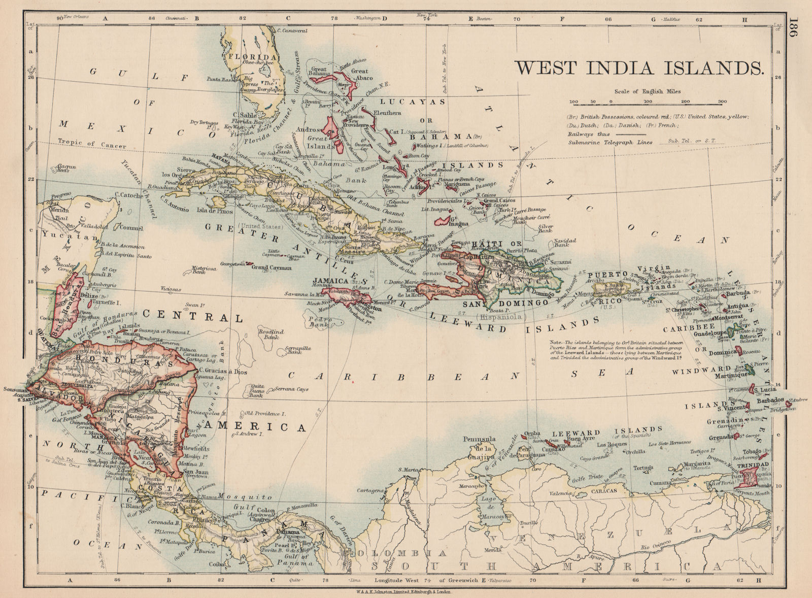 WEST INDIA ISLANDS. Caribbean Lucayas Caribbee Cuba. JOHNSTON 1906 old map