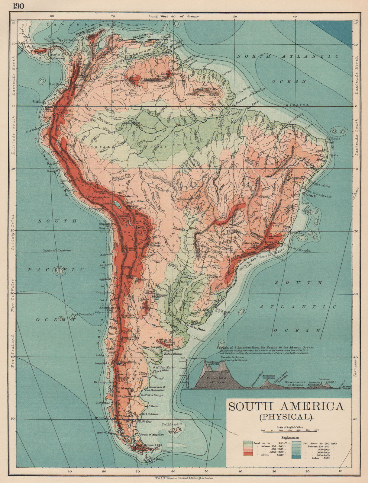 SOUTH AMERICA PHYSICAL. Inset West-East cross section. JOHNSTON 1906 old map