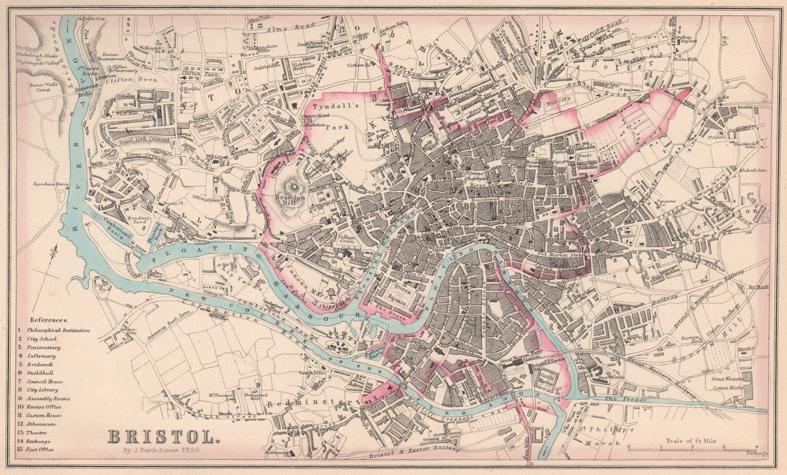 BRISTOL. Antique town city plan. Clifton. Gloucestershire. BARTHOLOMEW 1865 map