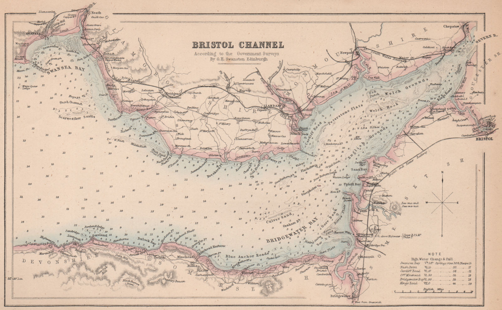 BRISTOL CHANNEL. Antique sea chart. Swansea. South Wales. BARTHOLOMEW 1865 map