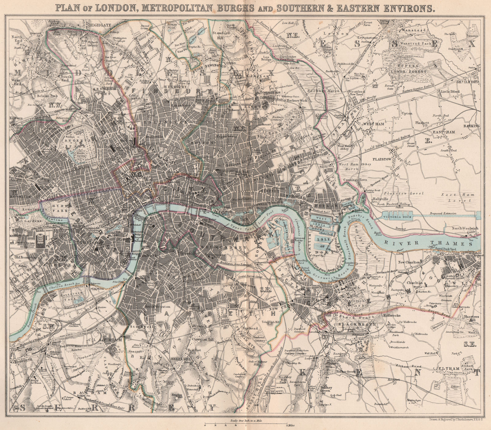 LONDON. Antique city town plan. Thames estuary. BARTHOLOMEW 1865 old map